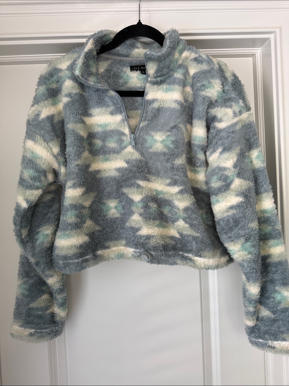 La Hearts Plush Aztec Quarter-Zip Sweater in Gray, Cream & Teal